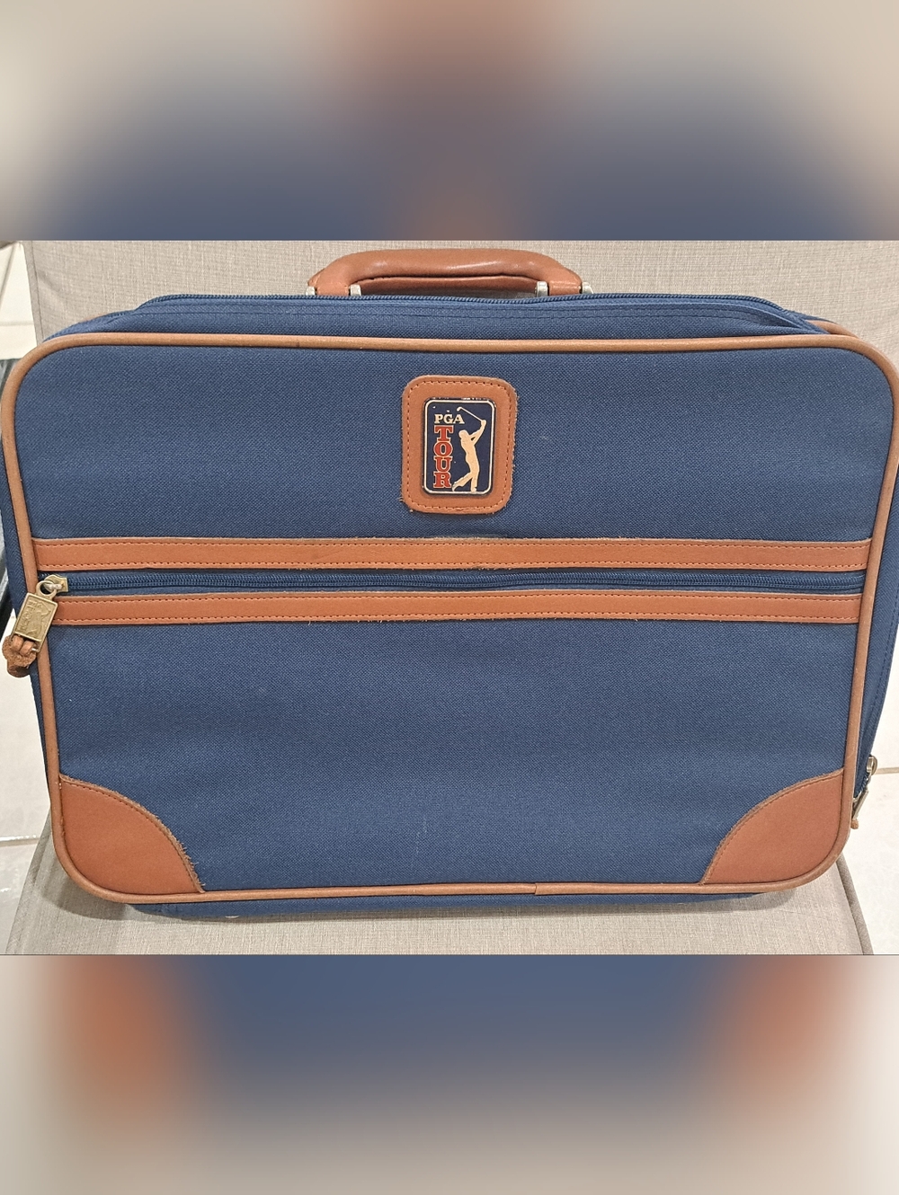 Vintage PGA Tour Suitcase Luggage - Blue Nylon & Tan Leather